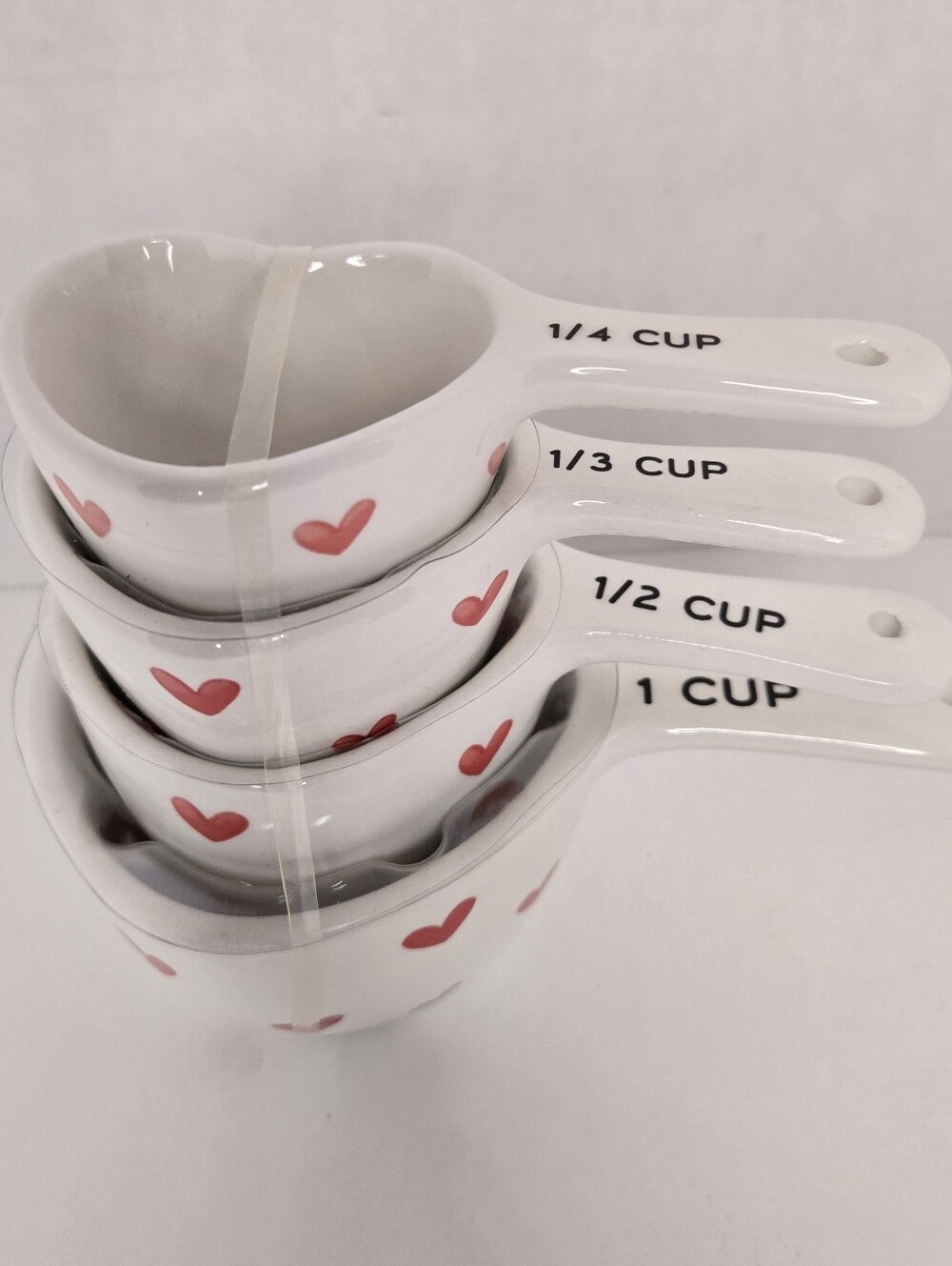 Ceramic Heart Shaped Nesting Measuring Cups White with Red Hearts Set Of 4